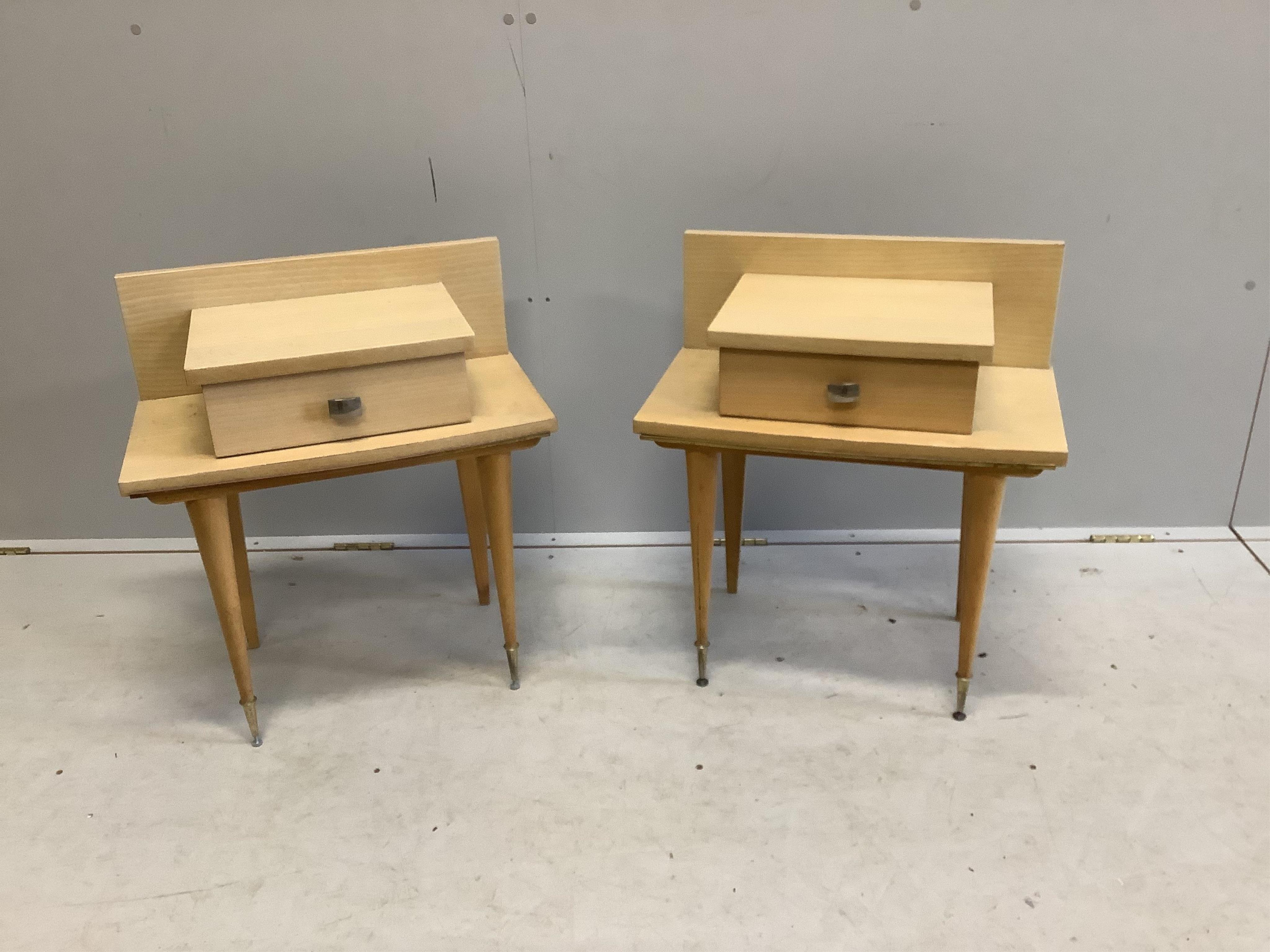 A pair of mid century French bedside tables, width 54cm, depth 32cm, height 60cm together with a pair of matching single bedframes. Condition - fair